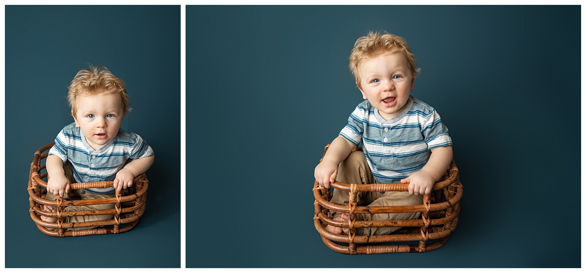 Six month old boy posed during his milestone session in Mankato, Minnesota.