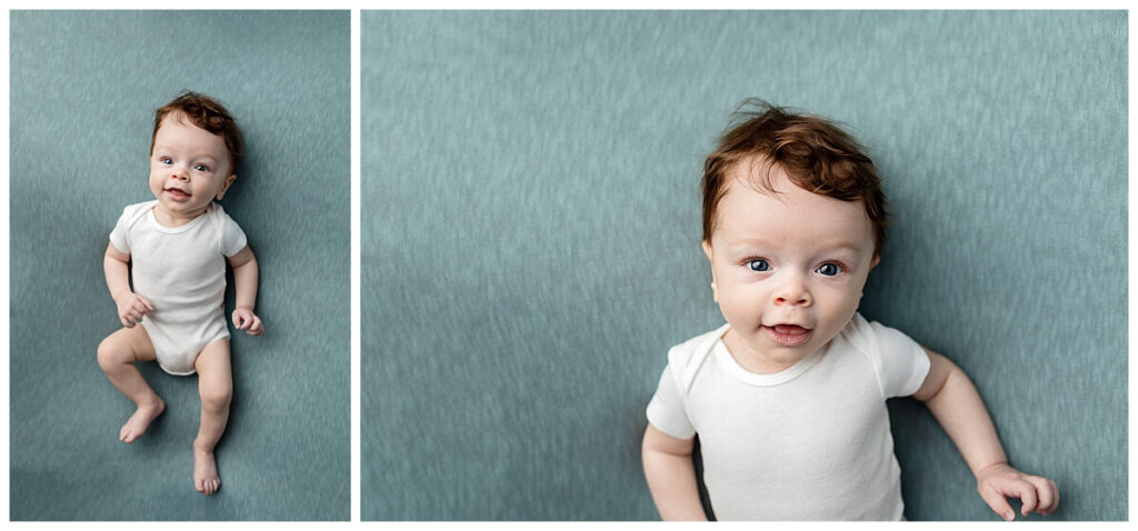 Six month old boy posing for his milestone baby session.