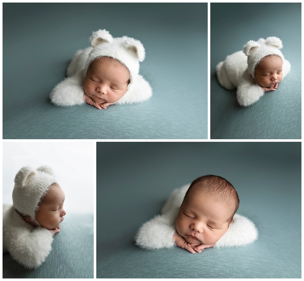 White bear outfit on newborn boy during his newborn photography session.