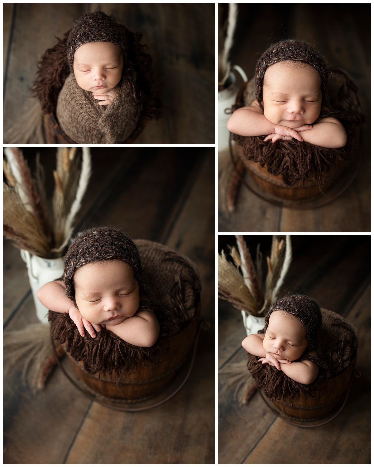 Newborn boy in a bucket with a brown bonnet.