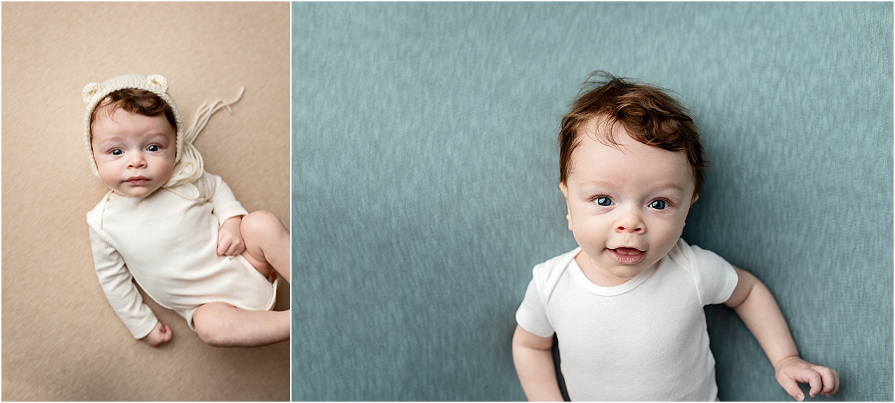 Three month old baby boy during his milestone photo session.