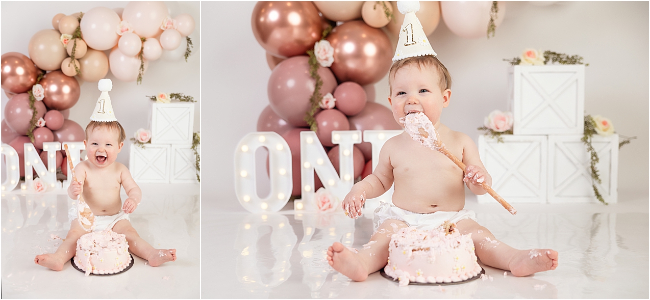 Baby girl celebrates her first birthday with a cake smash at Jennifer Brandes Photography studio.