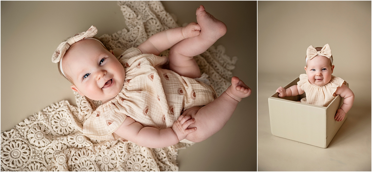 Six month old baby girl wearing a neutral colored romper for her milestone session. 