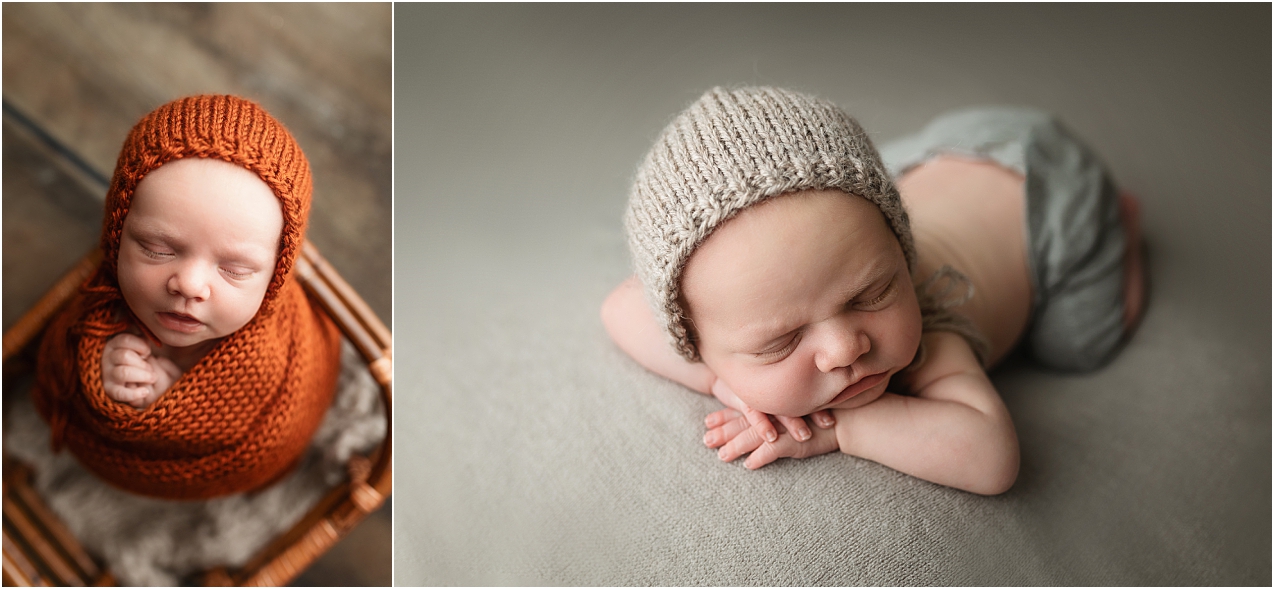 Two images of a newborn baby boy wrapped and posed for his newborn session.