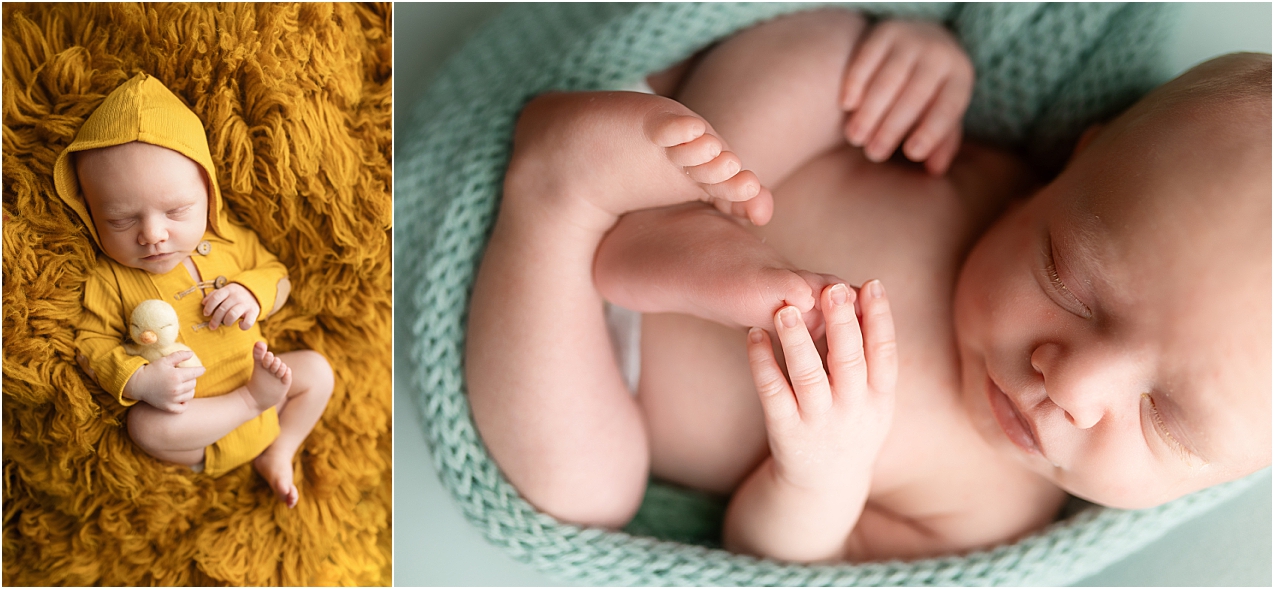 Various poses of a baby boy during his newborn photography session.