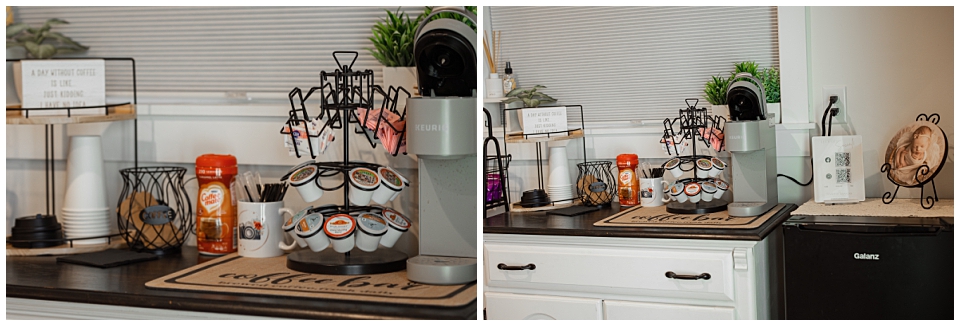 Coffee and snack bar available for parents at Southern Minnesota newborn photography studio