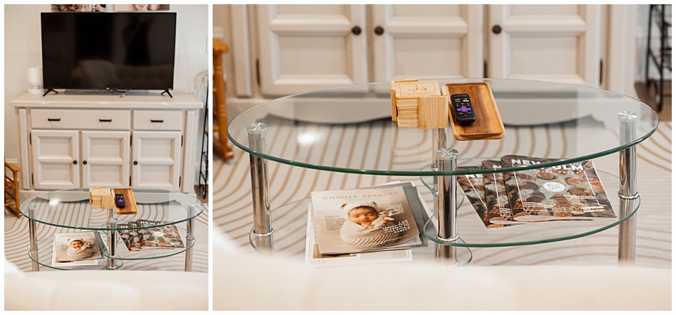 Cozy client seating area inside a Southern Minnesota newborn photography studio