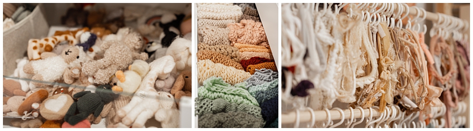 Soft neutral newborn wraps and textured layers in a Southern Minnesota photography studio