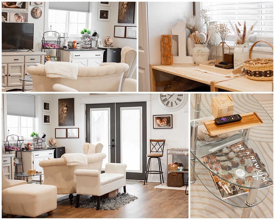 Cozy client seating area inside a Southern Minnesota newborn photography studio